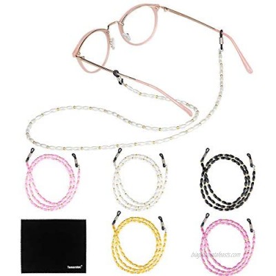 [5 Pack] Pearl Eyeglasses Holder Strap Cord  Tomorotec Eyeglass Retainer  Premium Beaded Eyeglasses String Holder Chain Necklace  Glasses Cord Lanyard with Free Microfiber Cleaning Cloths
