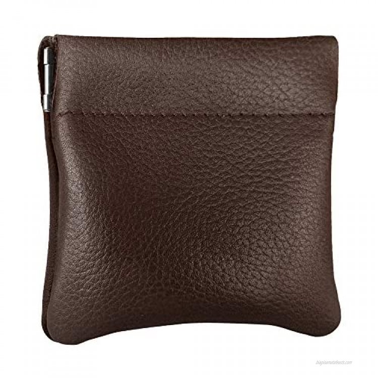 Classic Leather Squeeze Coin Purse change Holder For Men Pouch size 3.5 in X 3.25 in. high Brown