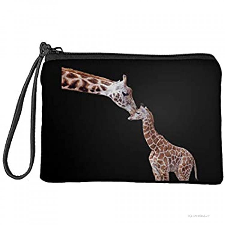 Coloranimal Travel Small Zip Coin Purse & Pouch with ID Card Holder Organizer Clutch Change Canvas Wallet (Kiss Giraffe Print)