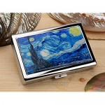 Mother of Pearl Starry Night by Van Gogh Art Painting Extra Long 100S Super Slim King Size 16 Cigarette Engraved Metal Steel RFID Blocking Protection Credit Business Card US Bill Cash Holder Case Box