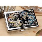 Mother of Pearl Yellow Blue Dragon Design Extra Long 100S Super Slim King Size 16 Cigarette Engraved Metal Steel RFID Blocking Protection Credit Business Card US Bill Cash Holder Case Storage Box