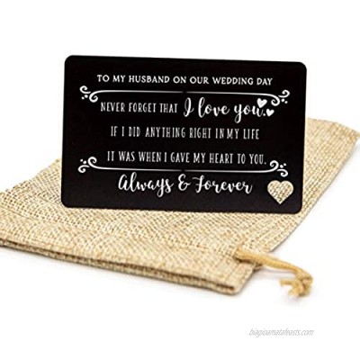 MUUJEE Love Note Card to Groom from Bride - to My Husband on Our Wedding Day Metal Wallet Card Insert