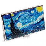 Nacreh Mother of Pearl Business Card Case Credit Id Name Holder Travel Wallet Art Painting Design Metal Stainless Steel Engraved Slim Purse Pocket Cash Money Wallet (Starry Night)