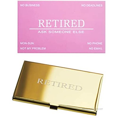 RXBC2011 Retired Business Cards Funny Retirement Gift (50 Pink Card/With Gold Mirror Stainless Steel Case) For Retired Men Women Coworkers Employees Boss Friend Colleague