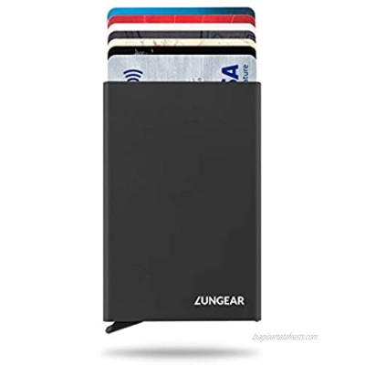 LUNGEAR RFID Credit Card Holder Minimalist Slim Wallet Front Pocket Card Protector Automatic Pop up Design Aluminum Metal Up to Hold 6 Cards (Black）