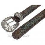 Western Scroll Buckle with Turquoise Tinted Embossed Brown Leather Belt