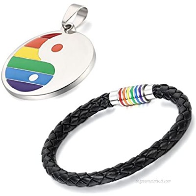 Aroncent 2 PCS Rainbow Gay Lesbian Stainless Steel Necklace and Magnetic Leather Bracelets LGBT Pride