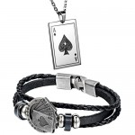 Aroncent Stainless Steel Necklace Braided Leather Rope Bracelet with Poker 2 Pcs Set