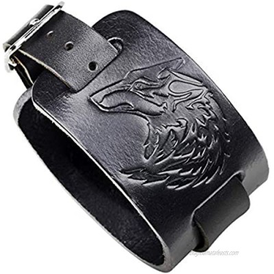 crintiff - Wolf Bracelet for Men and Women - Leather Cuff Wristband Bracelet with Wolf Head