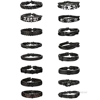 Finrezio 16 PCS Black Braided Leather Bracelets Set for Men Punk Wrap Cuff Bracelet Adjustable