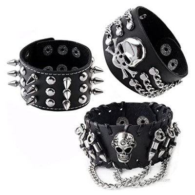 JOVIVI 3pcs Spike Studded Rivets Punk Rock Biker Wide Strap Genuine Leather Bracelets Necklace Chain Wristband Adjustable