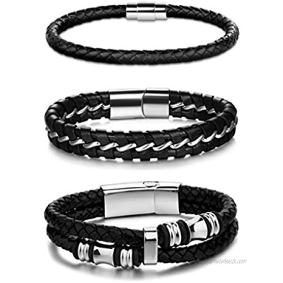 Jstyle 3Pcs Stainless Steel Braided Leather Bracelet for Men Women Leather Wrist Band Cuff Bangle Bracelet Magnetic Clasp 7.5-8.5 inches