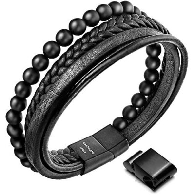 Speroto New Mens Bracelet Bead and Leather Braided  Lava and Onyx Bead Leather Bracelet for Men