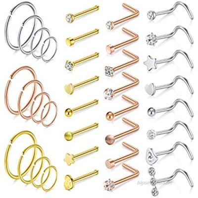 AVYRING 20G Nose Ring Hoop Surgical Steel Nose Studs Screw L-Shaped Nostril Hoops Piercing Jewelry Set for Women Men Girls Nose Rings