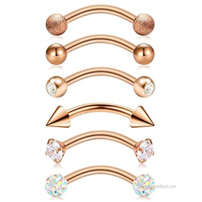 Briana Williams 6pcs Stainless Steel Rook Daith Earrings Belly Lip Ring Eyebrow Studs Cartilage Tragus Cubic Zirconia Barbell Body Piercing 8mm (5/16")