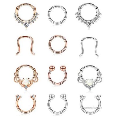 Finrezio 12Pcs 316L Stainless Steel Septum Piercing Nose Rings Hoop Cartilage Tragus Retainer Body Piercing Jewelry 8MM 16G Rose-Gold Tone & Silver Tone