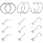 Finrezio 15PCS 22G Surgical Steel Nose Rings Hoop Studs Cartilage Earrings Body Piercing Jewelry 1.5mm 2mm 2.5mm CZ