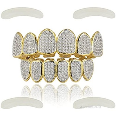 JINAO 18k Gold Plated All Iced Out Luxury Cubic Zirconia Face Diamond Gold Teeth Grillz Set with Extra Molding Bars Included for Men Women