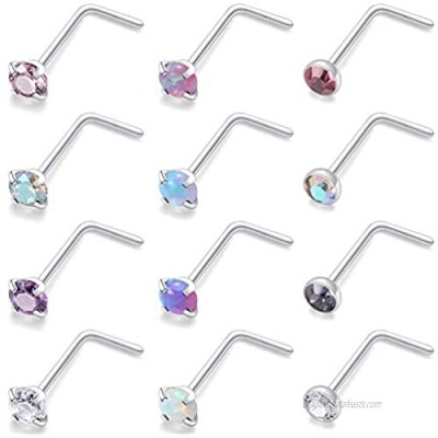 Kridzisw 12 Pcs 18G 20G 22G Nose Rings Studs Surgical Steel Nose Nostril CZ Inlaid 2MM Piercing Jewelry for Women Men Girl
