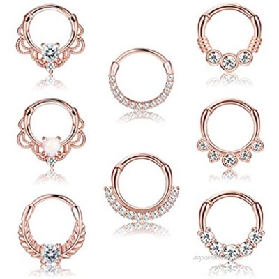 LOYALLOOK 8PCS 16G Septum Clicker Ring Stainless Steel CZ Opal Cartilage Helix Tragus Hoop Daith Earrings Nose Rings Hoop Hinged Segment Clicker Ring Piercing Jewelry 10MM
