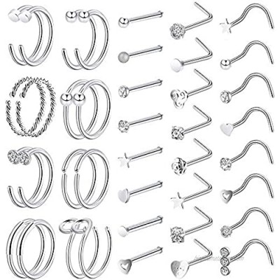 ONESING 40 PCS 20G Nose Rings for Women Nose Piercings Jewelry Nose Rings Hoops Nose Studs Screw 316L Stainless Steel for Women Men
