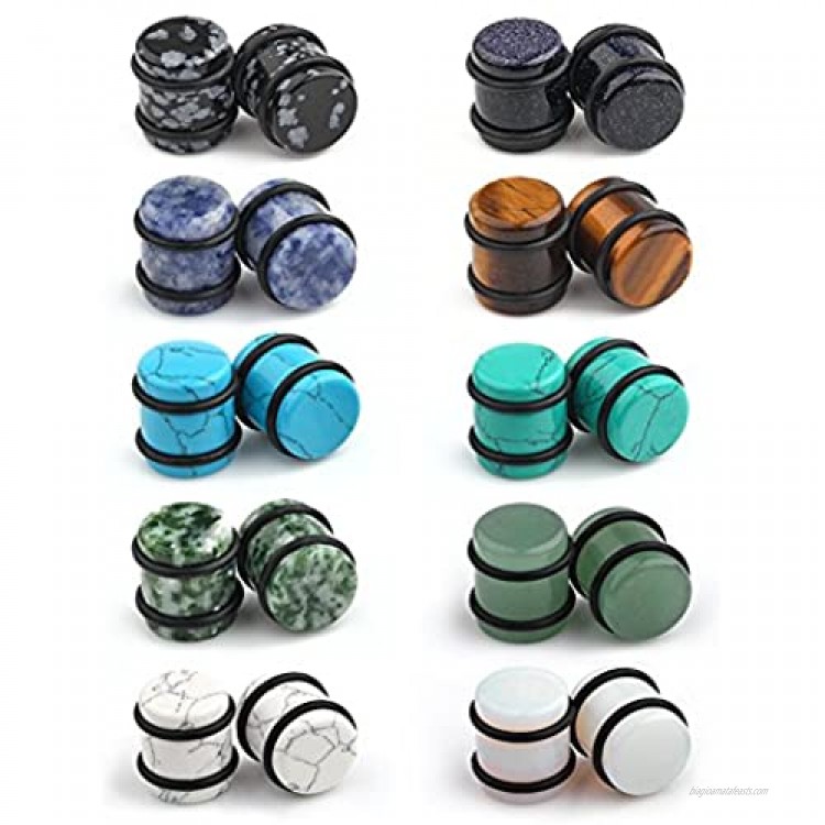 Ruifan 10 Pairs Set Natural Mixed Stone Saddle Ear Plugs Stretcher Expander Tunnels Gauges Piercing Jewelry with O-Rings 2g-12mm