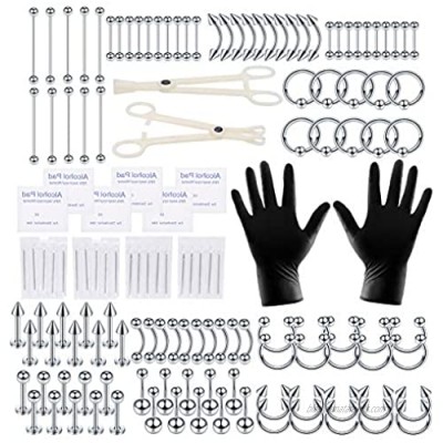 Xpircn 140PCS Piercing Kit Stainless Steel 14G 16G Nose Lip Tongue Tragus Daith Eyebrow Industrial Barbell Belly Button Rings Body Piercing Tools