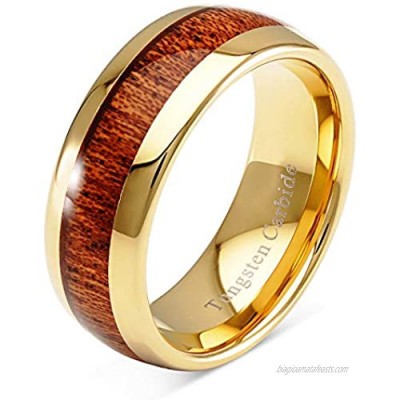 100S JEWELRY Engraved Personalized Tungsten Ring for Men Women Wedding Band Koa Wood Inlaid Gold Plated Size 6-16