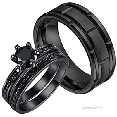Couple Rings Black Plated Black Cz Womens Wedding Ring Sets Titanium Steel Mens Wedding Band (Please Buy 2 Rings for 1 Pair)