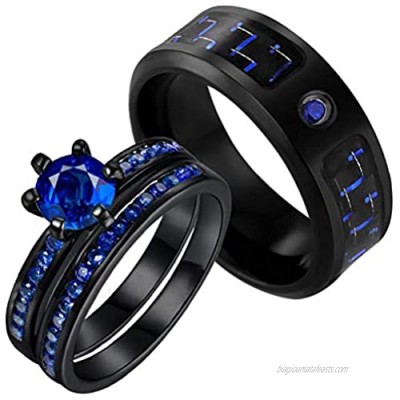 Couple Rings Black Plated Blue Cz Womens Wedding Ring Sets Titanium Steel Mens Wedding Band (Please Buy 2 Rings for 1 Pair)