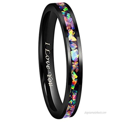 CROWNAL 4mm 8mm Handmade Genuine Crushed Fire Opal Balck Tungsten Carbide Men Women Wedding Band with Koa Wood Inlay Engraved I Love You Size 7 to 17