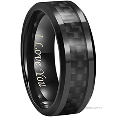CROWNAL 6mm 8mm 10mm Black Carbon Fiber Black Tungsten Carbide Wedding Band Ring Engraved I Love You Men Women Size 4 to 16