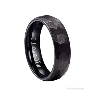 Crownal 6mm 8mm Black Hammered Tungsten Wedding Couple Bands Rings Men Women Matte Hammer Brushed Finish Engraved "I Love You" Size 5 To 17