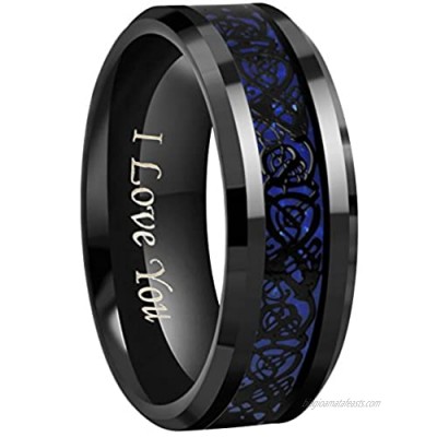 CROWNAL 6mm 8mm Blue Carbon Fiber Black Celtic Dragon Tungsten Carbide Wedding Band Ring Engraved I Love You Size 4 to 16