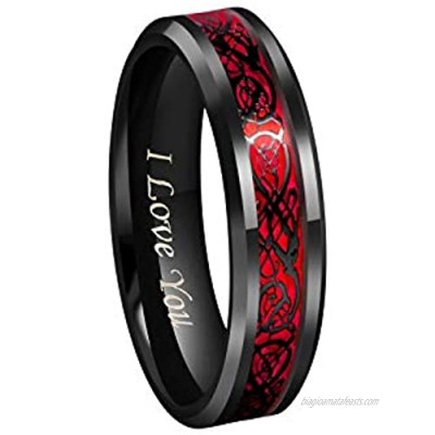 CROWNAL Black Dragon Men Black Tungsten Carbide Ring Wedding Band 6mm 8mm 10mm Red Carbon Fiber Black Celtic Dragon Inlay Engraved I Love You Size 7 to 17