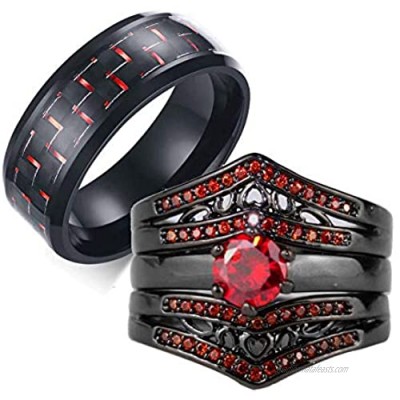 IOU His Hers Wedding Ring Sets Couples Rings Women's Black Gold Plated Red Cz Ring Wedding Engagement Ring Bridal Sets Men's Stainless Steel Wedding Band