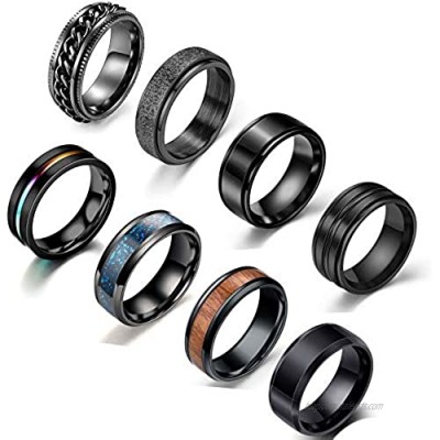 JEWPARK 8Pcs Stainless Steel Black Fidget Band Rings for Women Mens Cool Spinner Rings 6/8MM Wide Wedding Pormise Band Ring Set  Size 7-11
