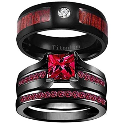 mensring Couple Rings Black and Red Rings Princess Cut Red Cz Womens Wedding Ring Sets 8mm Titanium Steel Mens Wedding Bands (Please Buy Two Rings for one Pair)