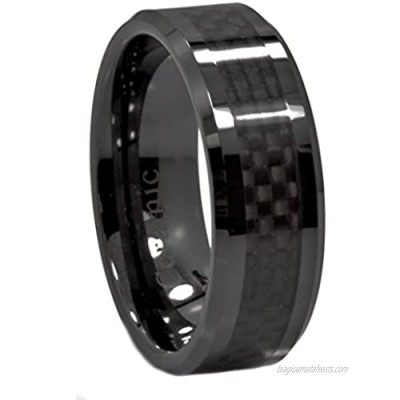 MJ Metals Jewelry 8mm Black Ceramic Wedding Band Natural Acacia Koa Wood Inlay Comfort Fit Ring