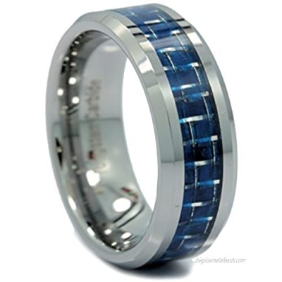 MJ Metals Jewelry 8mm Mirror Polished Tungsten Carbide Wedding Ring Blue & White Carbon Fiber Inlay Ring