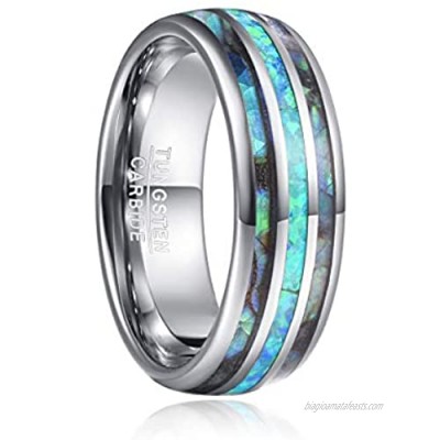 NUNCAD Men's 8mm Tungsten Carbide Ring Real Blue/Green Opal and Abalone Shell Wedding Engagement Ring Band Size 7 to 12