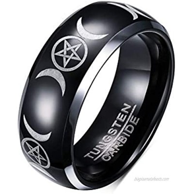 PJ Jewelry Two-Tone 8mm Wicca Pagan Triple Moon Goddess Pentagram Tungsten Carbide Dome Wedding Band Ring for Men