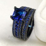 Ringcrown Couple Rings Black Gold Filled Princess Cut Blue Cz Womens Wedding Ring Sets Man Tungsten Wedding Band（Please Buy Two Rings for one Pair）