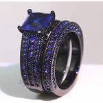 Ringcrown Couple Rings Black Gold Filled Princess Cut Blue Cz Womens Wedding Ring Sets Man Tungsten Wedding Band（Please Buy Two Rings for one Pair）