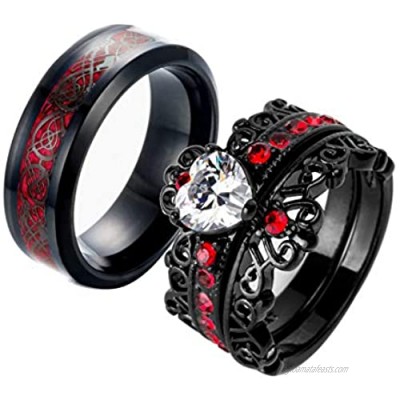 Ringcrown Couple Rings Black Plated Heart Red Cz Womens Wedding Ring Sets Crown Ring Titanium Man Wedding Bands（Please Buy 2 Rings for 1 Pair）