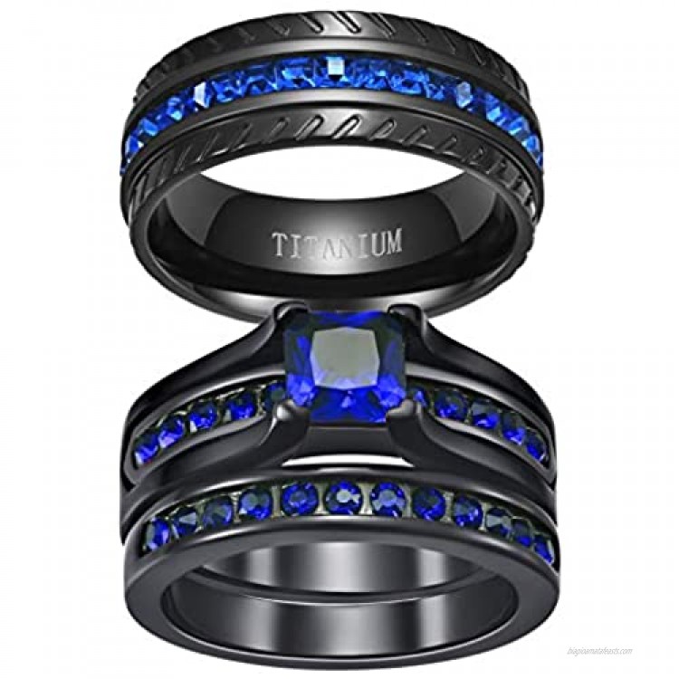 Ringcrown Couple Rings Black Plated Princess Cut Blue Cz Womens Wedding Ring Sets Titanium Steel Man Wedding Bands（Please Buy 2 Rings for 1 Pair）