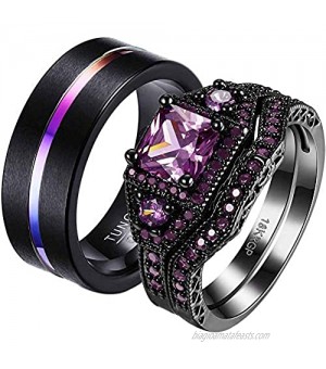 ringheart 2 Rings His and Hers Couple Rings Black Gold Plated Purple Cz Womens Wedding Ring Sets Tungsten Ring Mens Wedding Bands