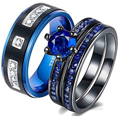ringheart Couple Rings Black Gold Filled Round Cut Blue Cz Womens Wedding Ring Sets Matte Titanium Man Wedding Band (Please Buy 2 Rings for 1 Pair)