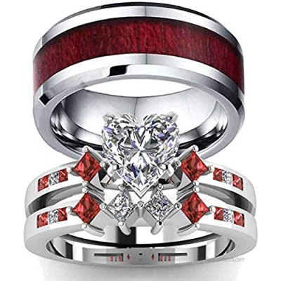 ringheart Couple Rings White Gold Filled Heart Stone Red Cz Womens Wedding Ring Sets Wood Grain Man Tungsten Wedding Band (Please Buy 2 Rings for 1 Pair)