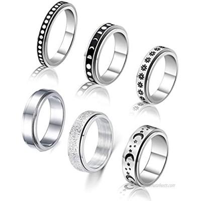 WAINIS 6Pcs Stainless Steel Spinner Ring for Women Men Fidget Band Rings Moon Star Meditation Ring Set for Stress Anxiety Relieving Wedding Promise Size 6-10